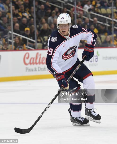 Patrik Laine of the Columbus Blue Jackets skates with the puck in the second period during the game against the Pittsburgh Penguins at PPG PAINTS...