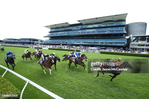 Joshua Parr riding Torrens wins Race 4 The Max Brenner Christmas Cup during Sydney Racing at Royal Randwick Racecourse on December 10, 2022 in...