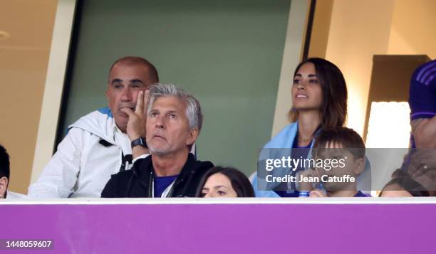 Jorge Messi, father of Lionel Messi aka Leo Messi, Antonella Roccuzzo, wife of Lionel Messi attend the FIFA World Cup Qatar 2022 quarter final match...