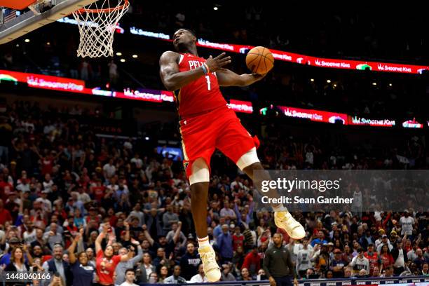Zion Williamson of the New Orleans Pelicans dunks the ball during the fourth quarter of an NBA game against the Phoenix Suns at Smoothie King Center...