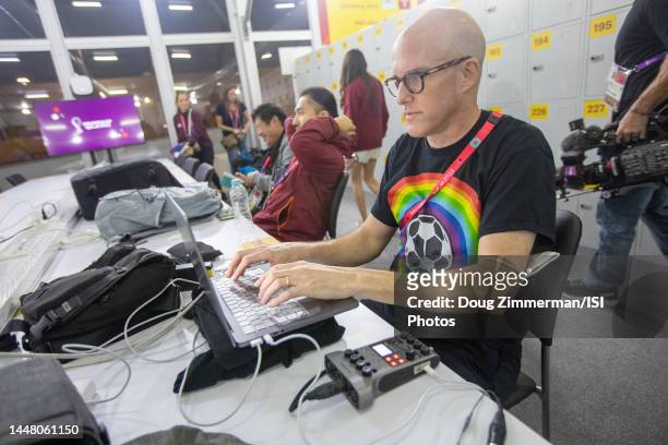 Journalist Grant Wahl works in the FIFA Media Center before a FIFA World Cup Qatar 2022 Group B match between Wales and USMNT at Ahmad Bin Ali...