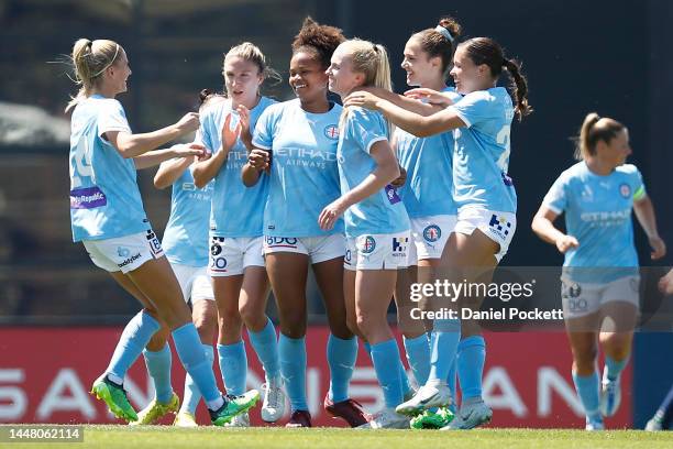 Kaitlyn Torpey of Melbourne City celebrates scoring a goal during the round four A-League Women's match between Melbourne City and Newcastle Jets at...