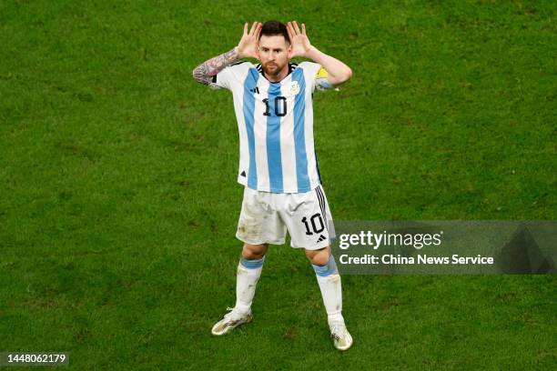 Lionel Messi of Argentina celebrates after scoring his team's second goal with a penalty during the FIFA World Cup Qatar 2022 quarter final match...