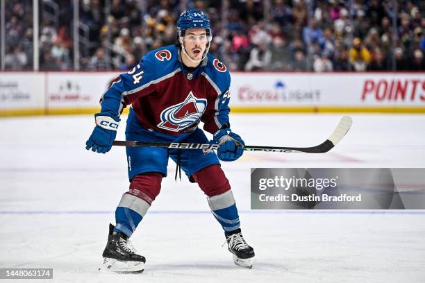 Charles Hudon of the Colorado Avalanche skates against the Boston Bruins in a game at Ball Arena on December 7, 2022 in Denver, Colorado.