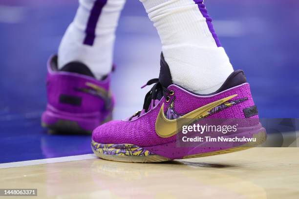 The shoes of LeBron James of the Los Angeles Lakers are seen during the second quarter at Wells Fargo Center on December 09, 2022 in Philadelphia,...