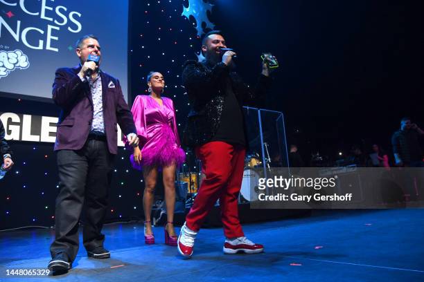 Skeery Jones, Shelley Rome, and Josh Martinez introduce Tate McRae onstage during the Z100 All Access Lounge at at Hammerstein Ballroom on December...