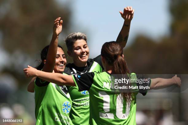 Vesna Milivojevic of Canberra celebrates scoring a goal with team mates during the round four A-League Women's match between Canberra United and...