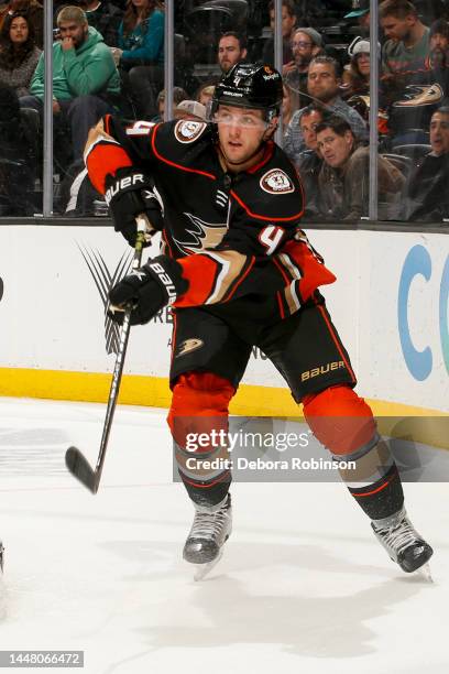 Cam Fowler of the Anaheim Ducks passes the puck during the second period against the San Jose Sharks at Honda Center on December 9, 2022 in Anaheim,...