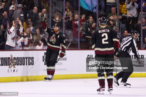 Lawson Crouse of the Arizona Coyotes celebrates after scoring a goal against the Boston Bruins during the third period of the NHL game at Mullett...