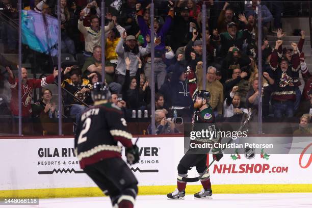 Lawson Crouse of the Arizona Coyotes celebrates after scoring a goal against the Boston Bruins during the third period of the NHL game at Mullett...