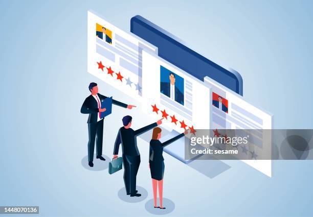stockillustraties, clipart, cartoons en iconen met managers select the best candidates from a large pool of submitted online resumes, employee performance evaluations or ratings, satisfaction coupon surveys, outstanding employees and customer evaluation feedback - uitzendbureau