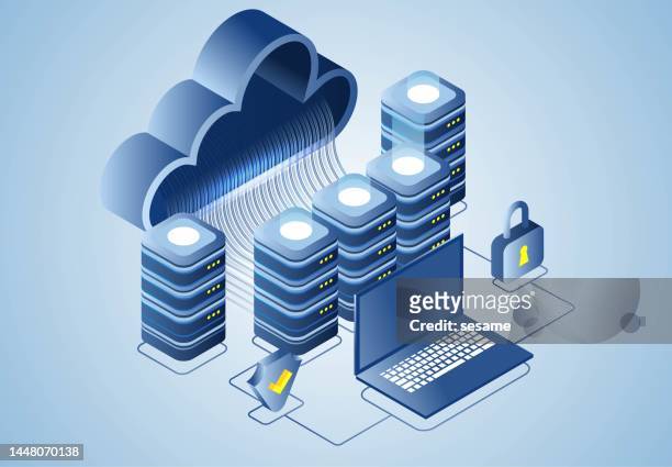 stockillustraties, clipart, cartoons en iconen met isometric cloud data storage, server data security center, remote data access, computer network technology. - data center