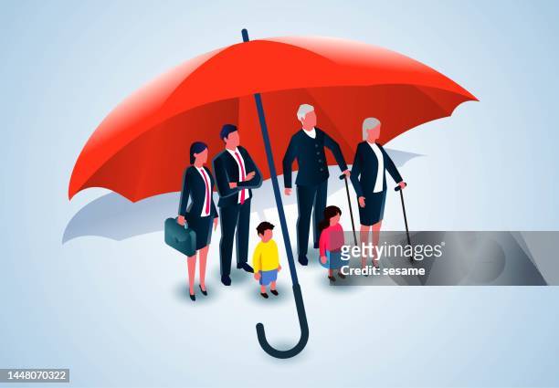 a family of six standing equidistant under a huge umbrella, family protection and insurance, family sickness health insurance, pension or retirement protection plan - family stock illustrations