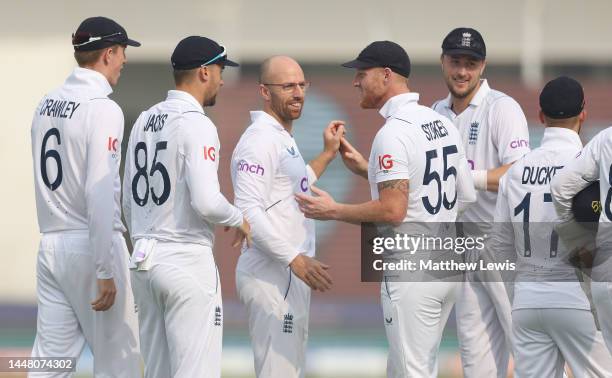 Jack Leach of England is congratulated on the wicket of Saud Shakeel of Pakistan during day two of the Second Test Match between Pakistan and England...