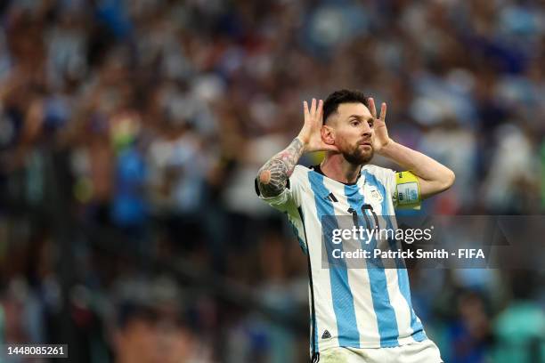 Lionel Messi of Argentina celebrates after scoring the team's second goal during the FIFA World Cup Qatar 2022 quarter final match between...