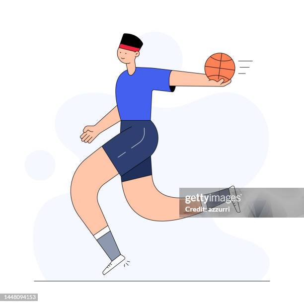 flat design vector illustration of basketball player - slam dunk stock illustrations