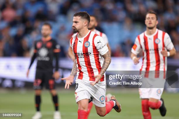 Jamie Maclaren of City celebrates kicking a penalty goal during the round seven A-League Men's match between Sydney FC and Melbourne City at Allianz...