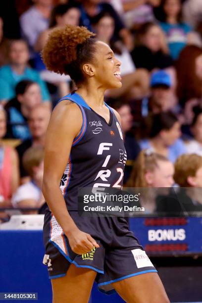 Tianna Hawkins of the Fire reacts during the round five WNBL match between Southside Flyers and Townsville Fire at State Basketball Centre, on...