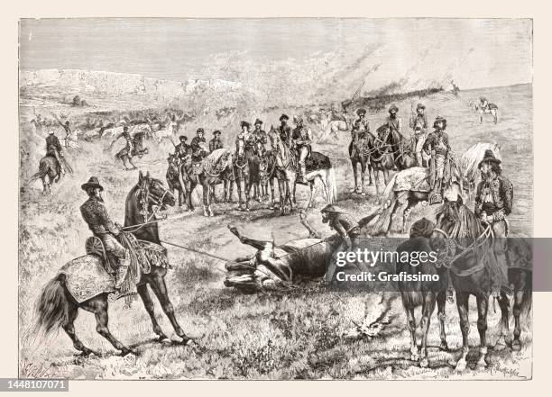 horse branding with iron on ranch in california 1888 - early american western art stock illustrations