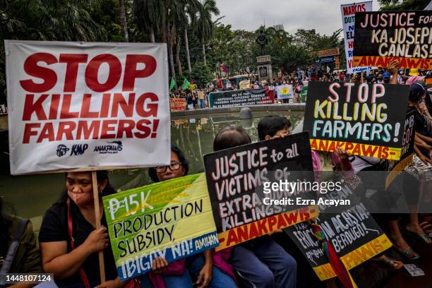 Filipino activists take part in a protest to mark International Human Rights Day on December 10, 2022 in Manila, Philippines. Philippine human rights...