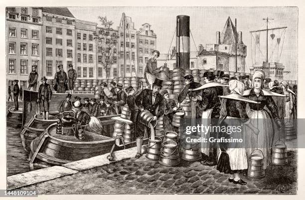 selling milk at harbor in amsterdam netherlands 1888 - selling books stock illustrations