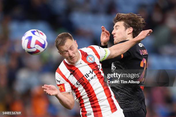 Valon Berisha of City heads the ball during the round seven A-League Men's match between Sydney FC and Melbourne City at Allianz Stadium, on December...