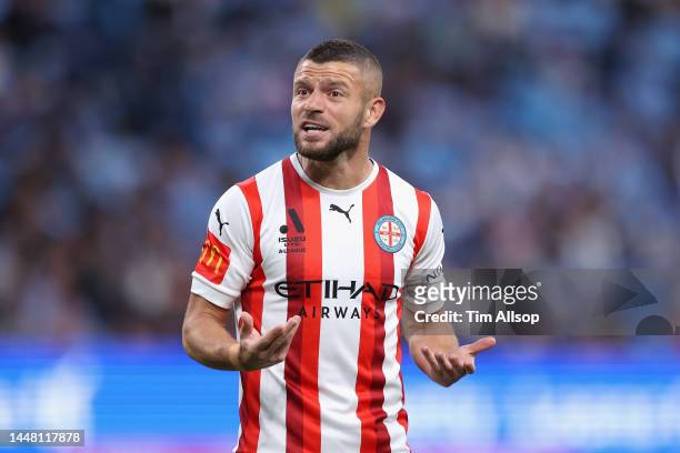Valon Berisha of City reacts during the round seven A-League Men's match between Sydney FC and Melbourne City at Allianz Stadium, on December 10 in...