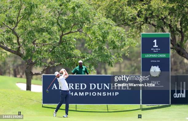 Scott Jamieson of Scotland tees off on the first hole during the third round of the Alfred Dunhill Championship at Leopard Creek Country Club on...