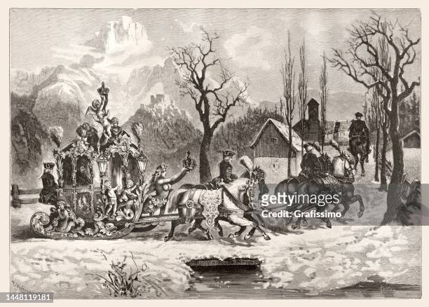 bavarian king ludwig ii in snow sleigh in bavaria 1888 - european alps stock illustrations