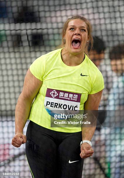 Sandra Perkovic of Croatia competes to win the Women DiscusThrow during the Samsung Diamond League on May 19, 2012 at the Shanghai Stadium in...