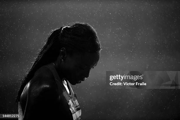 Tiffany Townsend of USA reacts under the rain after finished in 6th place in the Women 200m during the Samsung Diamond League on May 19, 2012 at the...