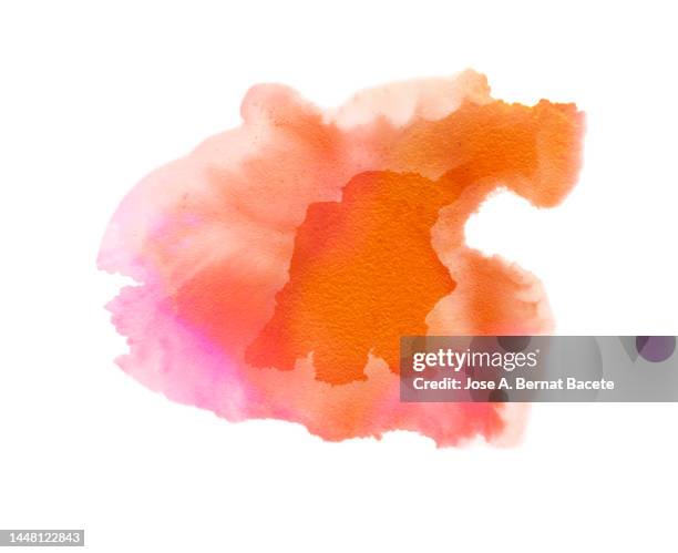 stains and drops of orange and pink paint slide on a white canvas. - water colour stock pictures, royalty-free photos & images