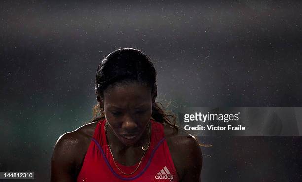 Tiffany Townsend of USA reacts under the rain after finished in 6th place in the Women 200m during the Samsung Diamond League on May 19, 2012 at the...