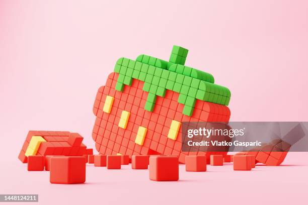 close-up squashed strawberry made of cube blocks against pink pastel background - strawberry illustration stock pictures, royalty-free photos & images