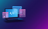 Web Development, Programming and Code Testing UI Concept with Laptop Displaying Futuristic Code