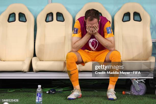 Daley Blind of Netherlands look dejected after their sides' elimination from the tournament after a penalty shoot out loss during the FIFA World Cup...
