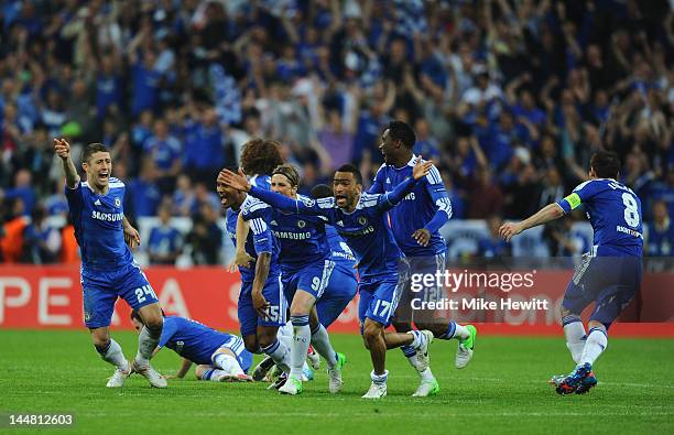 Chelsea players celebrate the winning penalty during UEFA Champions League Final between FC Bayern Muenchen and Chelsea at the Fussball Arena München...