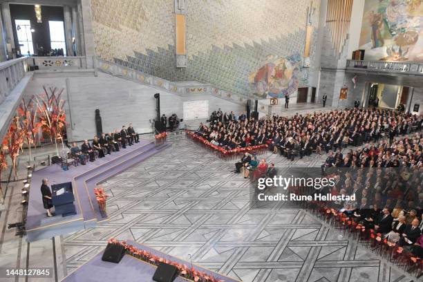 Nobel Peace Price recipients represented by Belarusian Natallia Pinchuk , Russian Jan Rachinsky , Ukrainian Oleksandra Matviichuk and Berit...