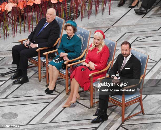 Queen Sonja, King Harald, Crown Prince Haakon and Crown Princess Mette- Marit attend the Nobel Peace Prize Ceremony 2022 at the City Hall on December...