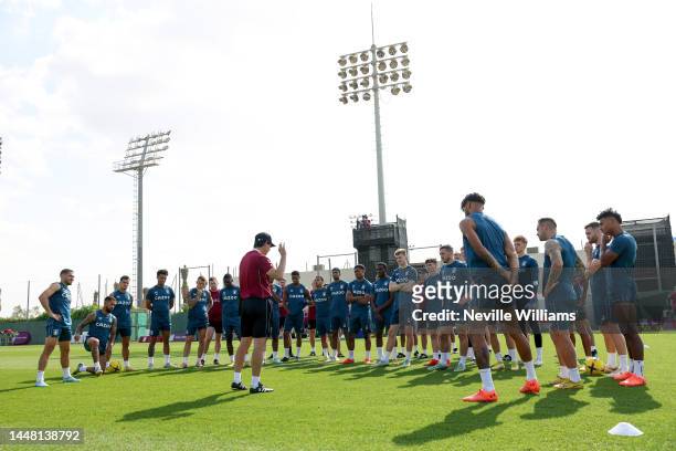 Unai Emery head coach of Aston Villa in action during a training session on December 10, 2022 in Dubai, United Arab Emirates.