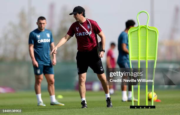 Unai Emery head coach of Aston Villa in action during a training session on December 10, 2022 in Dubai, United Arab Emirates.