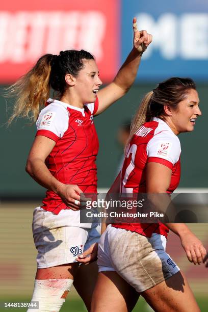 Abbie Brown of Great Britain reacts with teammate Amy Wilson Hardy during the Women's Cup Quarterfinal match between Great Britain and New Zealand on...