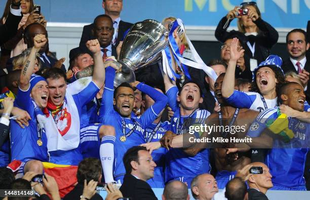 Frank Lampard and Jose Bosingwa of Chelsea lift the trophy in celebration after their victory in the UEFA Champions League Final between FC Bayern...