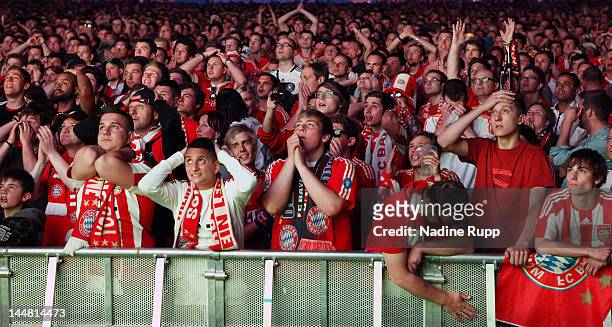 Fans of Bayern react during public viewing FC Bayern Muenchen v Chelsea FC - UEFA Champions League Final match at Munich Olympiastadion on May 19,...