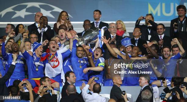 Frank Lampard and Jose Bosingwa of Chelsea lift the trophy in celebration after their victory in the UEFA Champions League Final between FC Bayern...