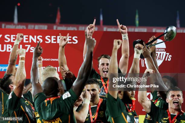 Players of South Africa celebrate victory during the Men's Cup Final match between South Africa and Ireland on Day Two of the HSBC World Rugby Sevens...