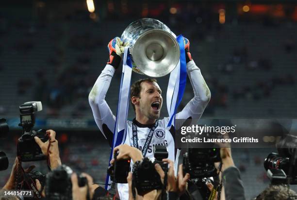 Petr Cech of Chelsea celebrates with the trophy after their victory in the UEFA Champions League Final between FC Bayern Muenchen and Chelsea at the...