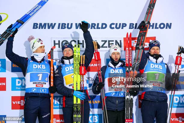 First placed Vetle Sjaastad Christiansen, Johannes Thingnes Boe, Sturla Holm Laegreid and Filip Fjeld Andersen of Norway during flower ceremony of...