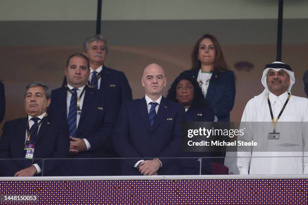 Gianni Infantino, President of FIFA, and VIP guests look on prior to the FIFA World Cup Qatar 2022 quarter final match between Morocco and Portugal...