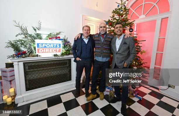 Harry Redknapp, Eric Cantona and Chris Kamara attend Sports Direct's Christmas with Cantona event on December 09, 2022 in London, England.